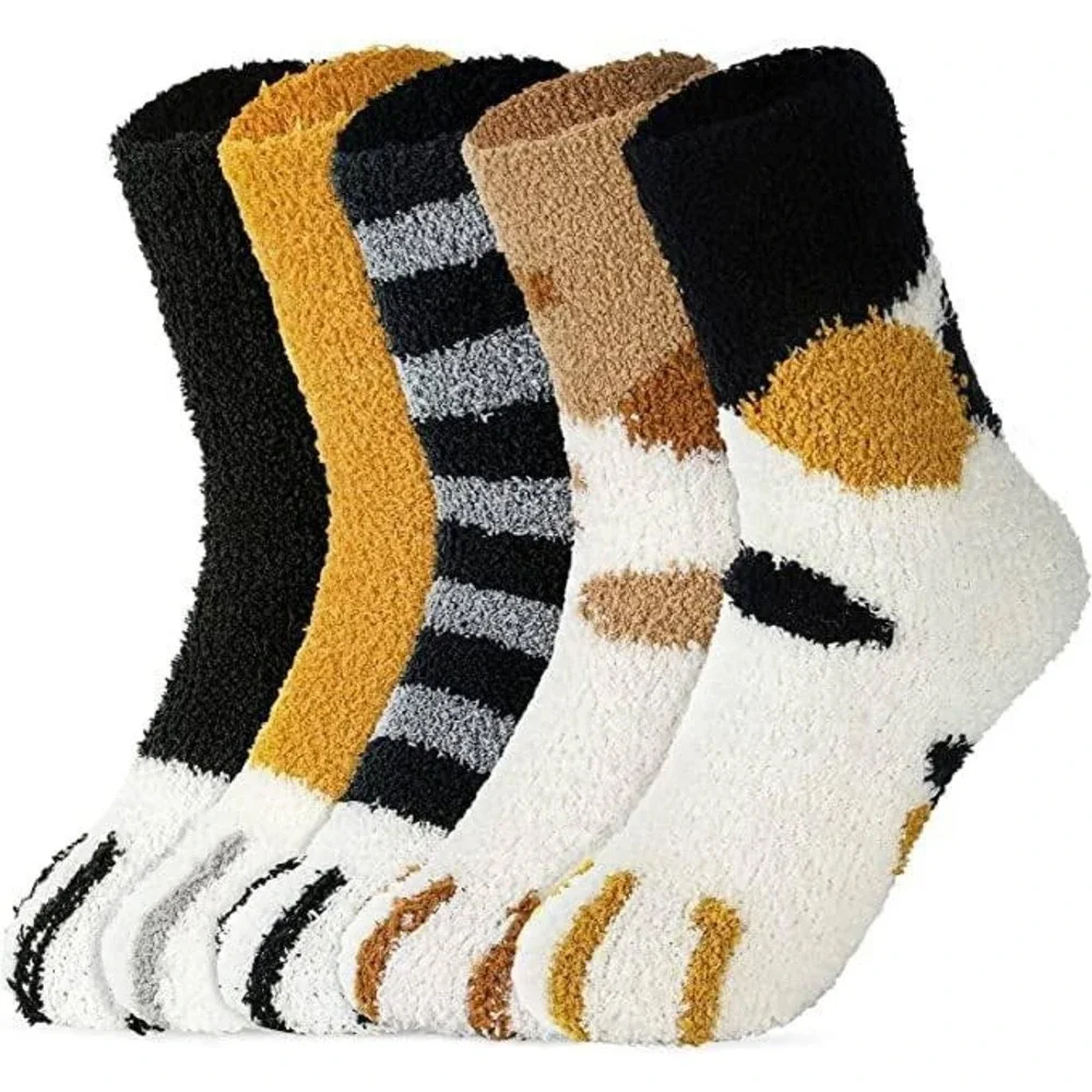 fauson 5 Pairs Fuzzy Socks for Women - Warm Cat Socks Fluffy Winter Plush Slippe